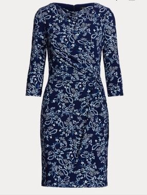 Lauren Ralph Lauren Paisley Twisted Knot Jersey Dress Sz 14 Cowlneck 3/4 Sleeve